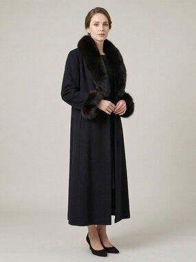 Vintage 80s Marvin Richards Lambswool Black Fox Fur Shawl Collar Maxi Coat 14